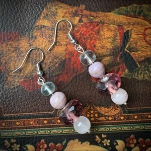 Mauve pinks rose quartz bead glass earrings